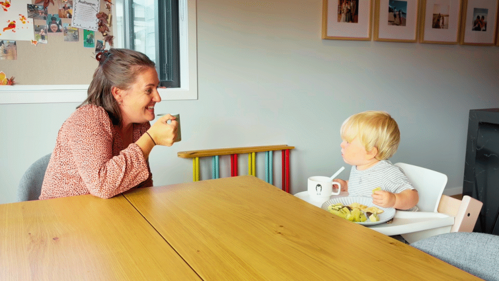 mom and toddler having afternoon tea