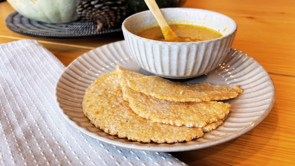 oatmela flatbread and autumn root and grain soup for lunch