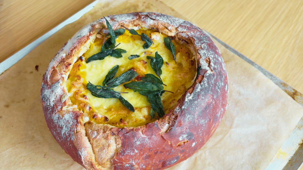 Pumpkin and sage cob loaf freshly out of the oven