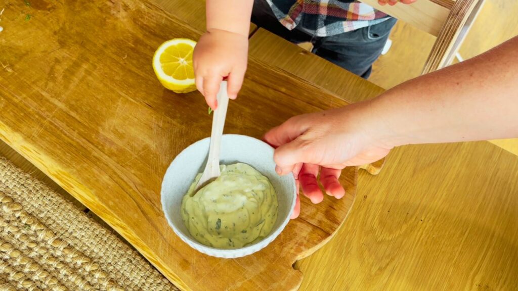 Toddler stirring seed oil free herb mayo