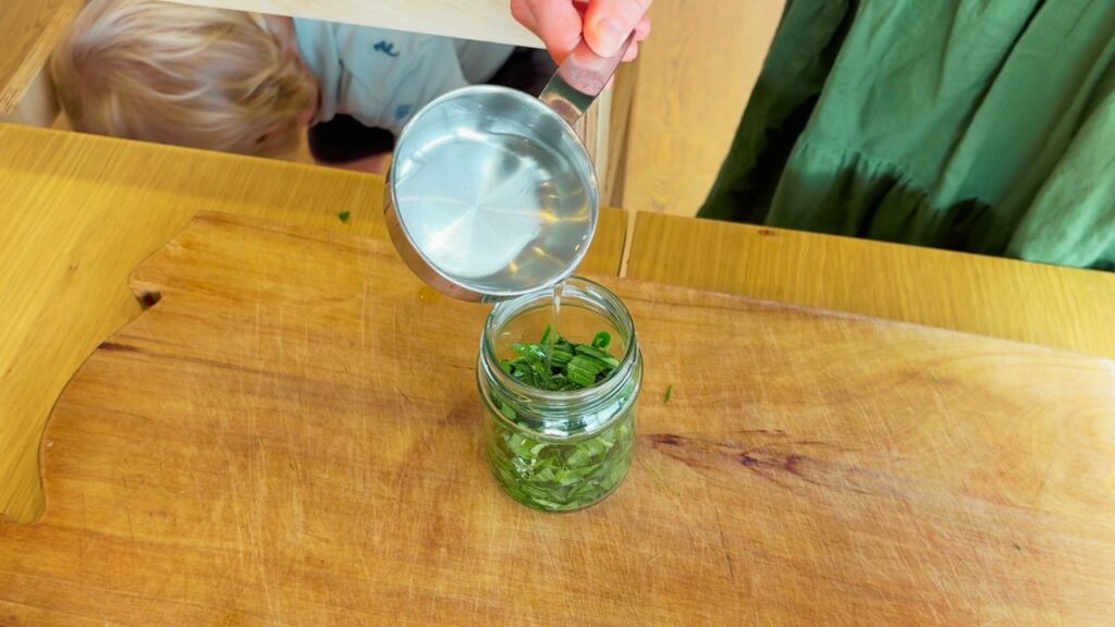 Pouring coconut oil into a jar filled with chopped plantain leaves to infuse for a homemade salve.