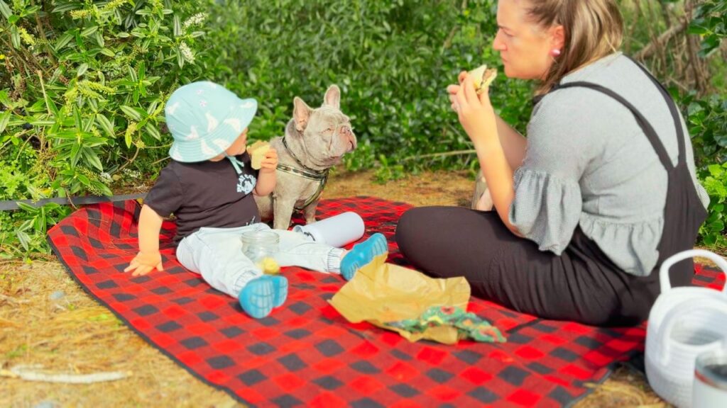 Mom and toddler eating on picnic blanket while traveling