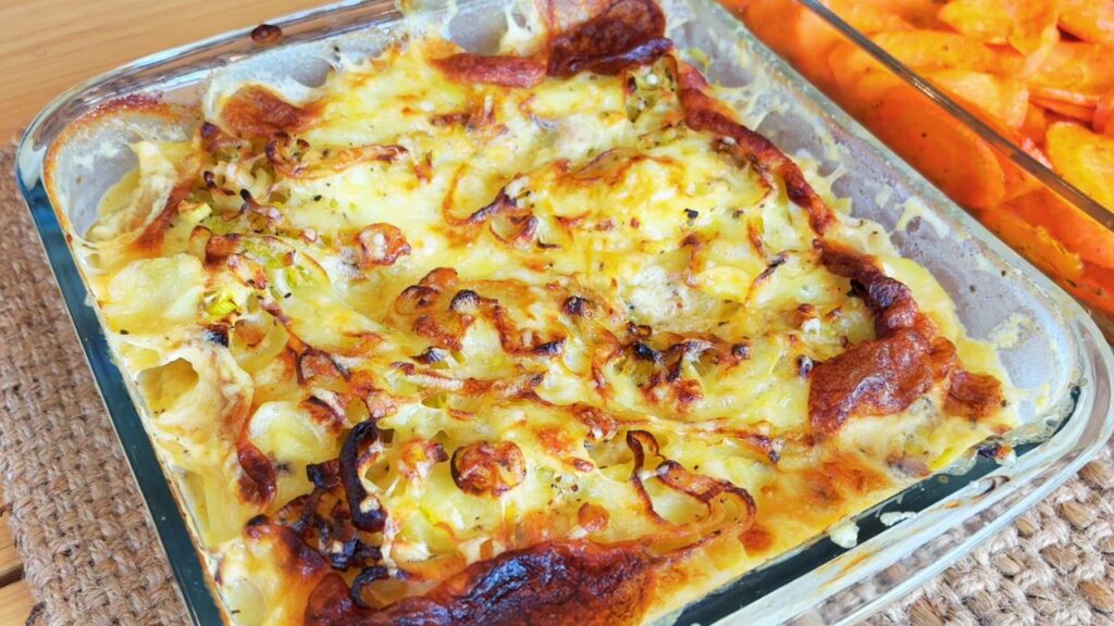 Golden baked potato and leek gratin, a cozy and simple holiday side dish made ahead for Christmas.
